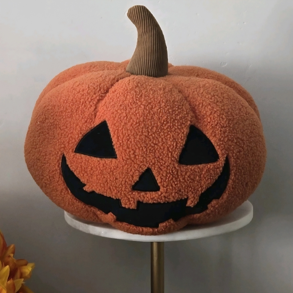 Sherpa Jack O Lantern Plush Pumpkin Pillow Halloween Decor NEW NWT